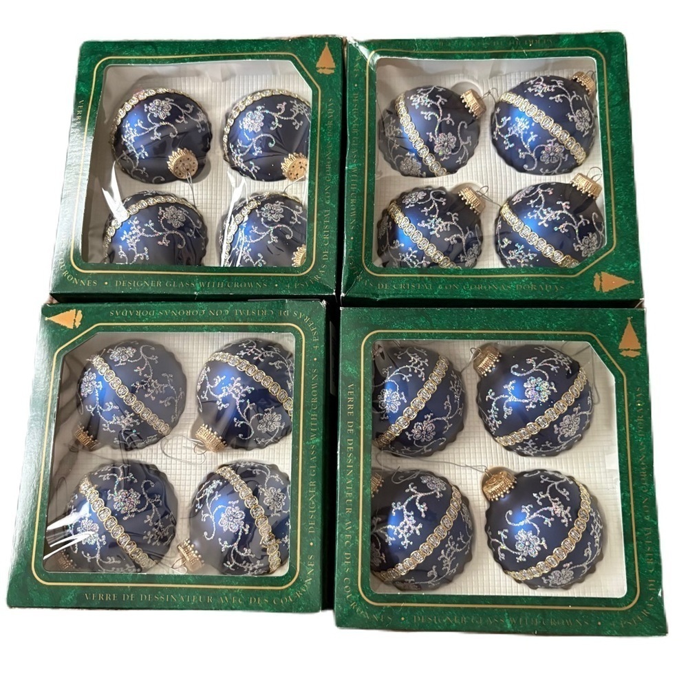 Vintage Glass Ball Blown Glitter Painted Elegant Blue Silver Holiday Ornaments